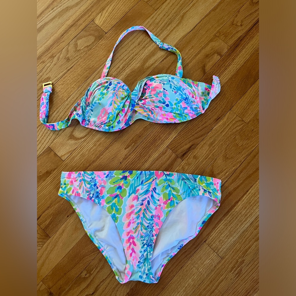 Lilly Pulitzer bikini.  Bandeau top size 6.  Bottoms size 8.